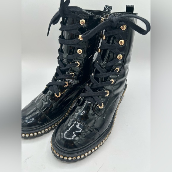 Schutz “Andorra” Black Patent Leather Laced Up Combat Boots W/ Rhinestones SZ 8 - Picture 9 of 14